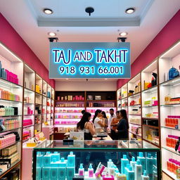 A vibrant cosmetics store interior, filled with a wide range of beauty products including skincare, makeup, and perfumes