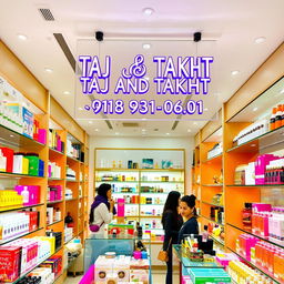 A vibrant cosmetics store interior, filled with a wide range of beauty products including skincare, makeup, and perfumes