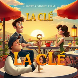 A charming movie poster for a short film titled "LA CLÉ", featuring a romantic fantasy theme