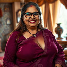 A realistic image of a wealthy Indian village woman over 60 years old, voluptuous and curvy, with long brown hair styled beautifully and wearing glasses