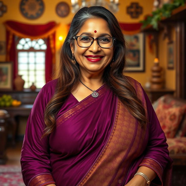 A realistic image of a wealthy Indian village woman over 60 years old, voluptuous and curvy, with long brown hair styled beautifully and wearing glasses