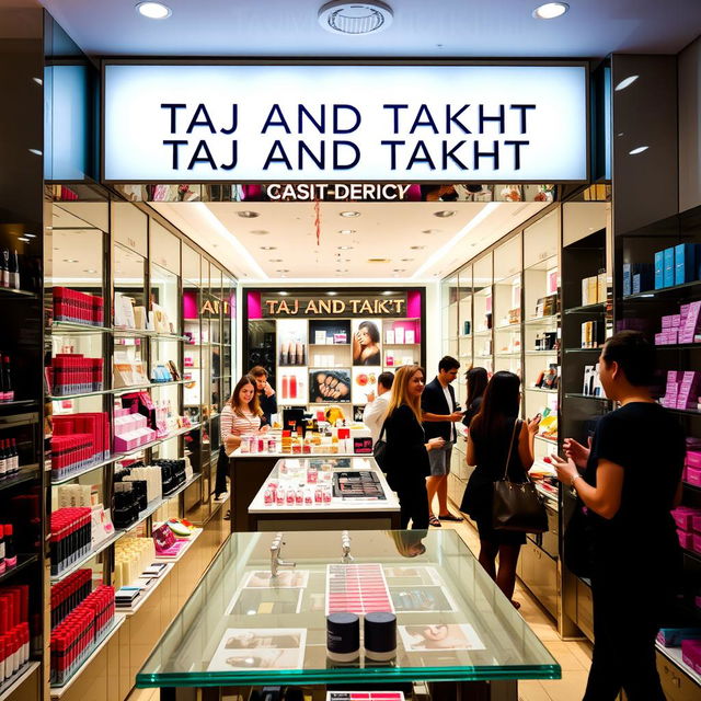 A vibrant cosmetics store interior showcasing a variety of beauty products, including colorful lipsticks, skincare items, and makeup accessories