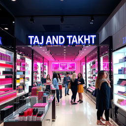 A vibrant cosmetics store interior showcasing a variety of beauty products, including colorful lipsticks, skincare items, and makeup accessories