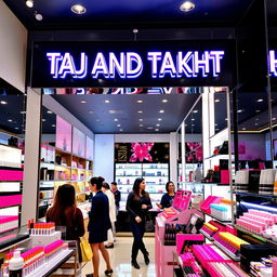 A vibrant cosmetics store interior showcasing a variety of beauty products, including colorful lipsticks, skincare items, and makeup accessories