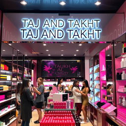 A vibrant cosmetics store interior showcasing a variety of beauty products, including colorful lipsticks, skincare items, and makeup accessories