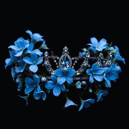 A stunning and intricate image of a tiara surrounded by beautiful blue flowers adorned with thorns