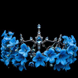 A stunning and intricate image of a tiara surrounded by beautiful blue flowers adorned with thorns