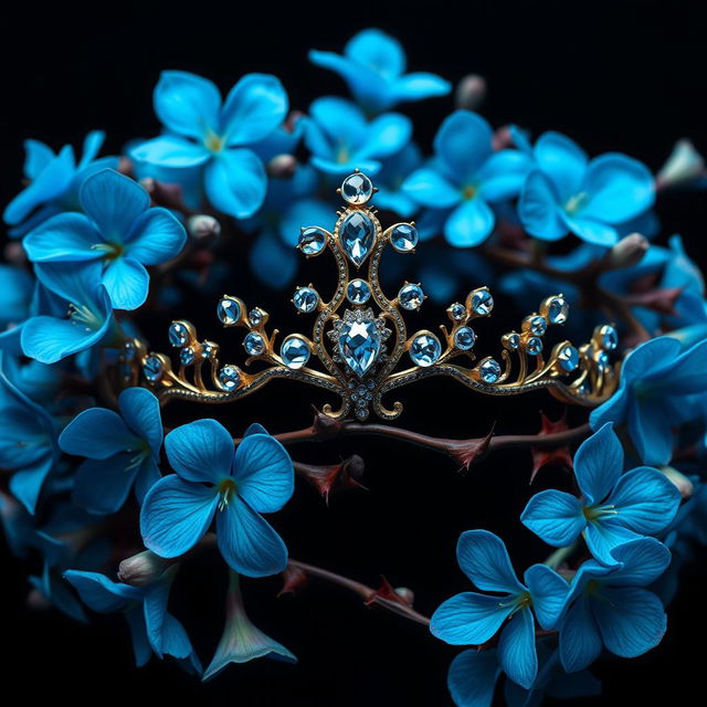 A stunning and intricate image of a tiara surrounded by beautiful blue flowers adorned with thorns