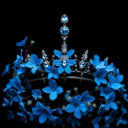 A stunning and intricate image of a tiara surrounded by beautiful blue flowers adorned with thorns