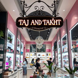 A vibrant cosmetics store interior featuring a stylish display of makeup products, skincare, and beauty tools