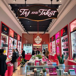 A vibrant cosmetics store interior featuring a stylish display of makeup products, skincare, and beauty tools