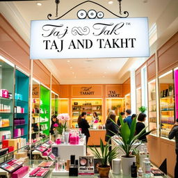 A vibrant cosmetics store interior featuring a stylish display of makeup products, skincare, and beauty tools