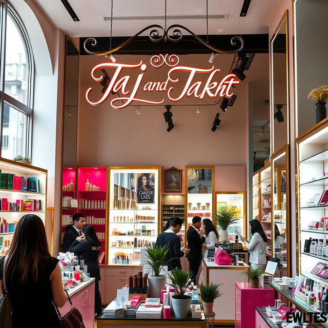 A vibrant cosmetics store interior featuring a stylish display of makeup products, skincare, and beauty tools