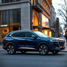 A luxurious electric SUV captured in a full side view, showcasing its elegant design and high-end features