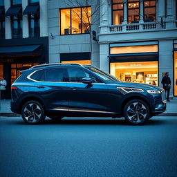 A luxurious electric SUV captured in a full side view, showcasing its elegant design and high-end features