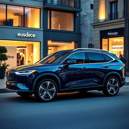 A luxurious electric SUV captured in a full side view, showcasing its elegant design and high-end features