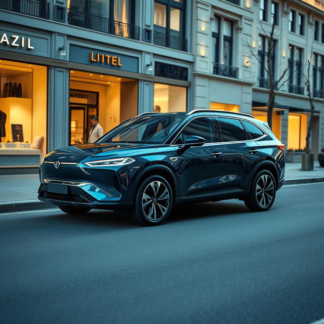 A luxurious electric SUV captured in a full side view, showcasing its elegant design and high-end features