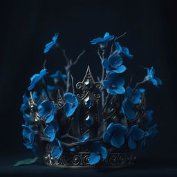 A stunning dark background featuring dark blue flowers with thorns wrapping and growing upwards around an ornate crown