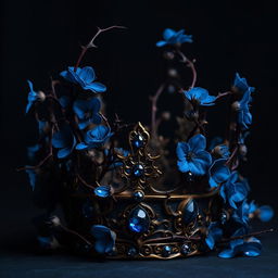 A stunning dark background featuring dark blue flowers with thorns wrapping and growing upwards around an ornate crown