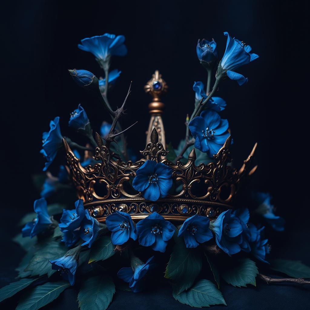 A stunning dark background featuring dark blue flowers with thorns wrapping and growing upwards around an ornate crown