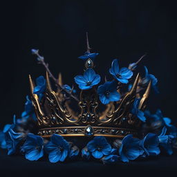 A stunning dark background featuring dark blue flowers with thorns wrapping and growing upwards around an ornate crown