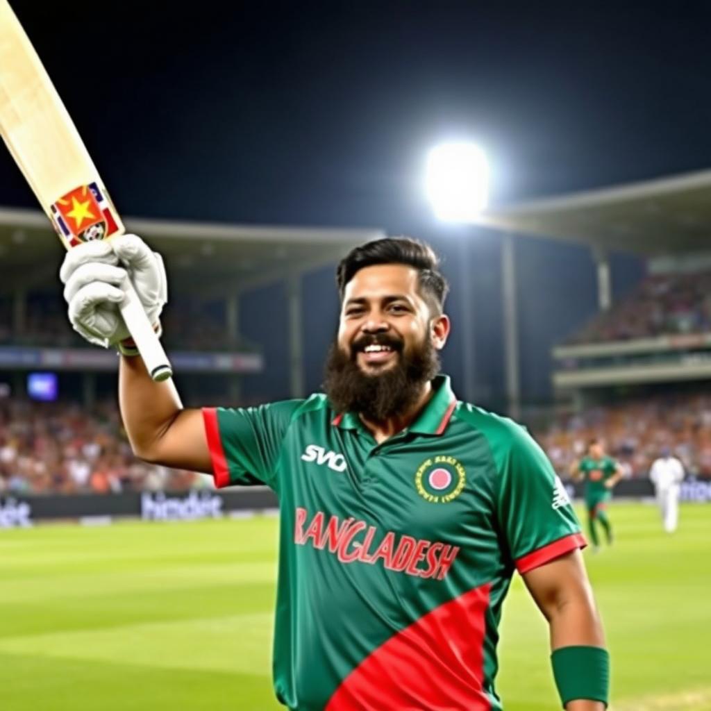 A cricket player in a Bangladesh national team uniform, celebrating a century on the field