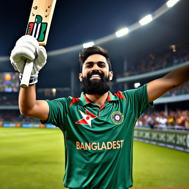 A cricket player in a Bangladesh national team uniform, celebrating a century on the field