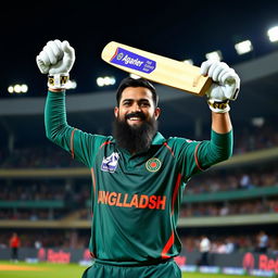 A cricket player in a Bangladesh national team uniform, celebrating a century on the field