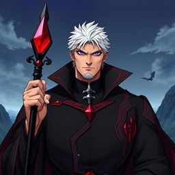 A tall, adult male character with shaggy white hair and gleaming amethyst eyes