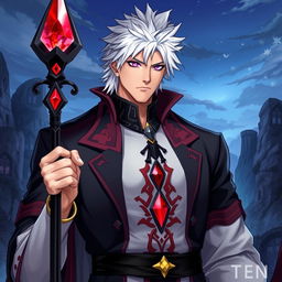 A tall, adult male character with shaggy white hair and gleaming amethyst eyes