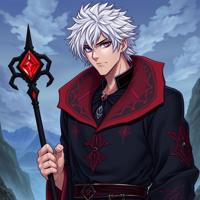 A tall, adult male character with shaggy white hair and gleaming amethyst eyes