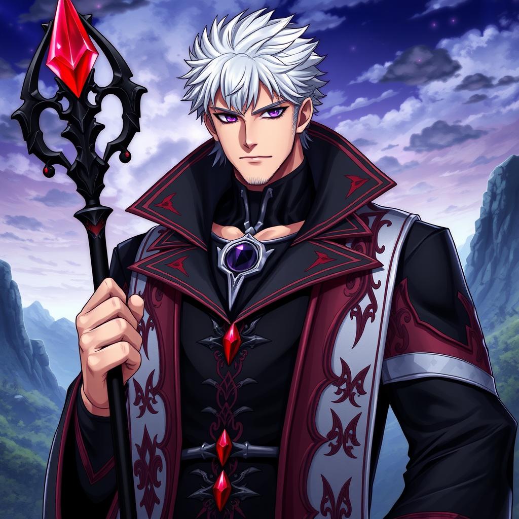 A tall, adult male character with shaggy white hair and gleaming amethyst eyes