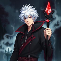A tall male character with shaggy white hair and gleaming amethyst eyes dressed in a black collared robe adorned with crimson accents