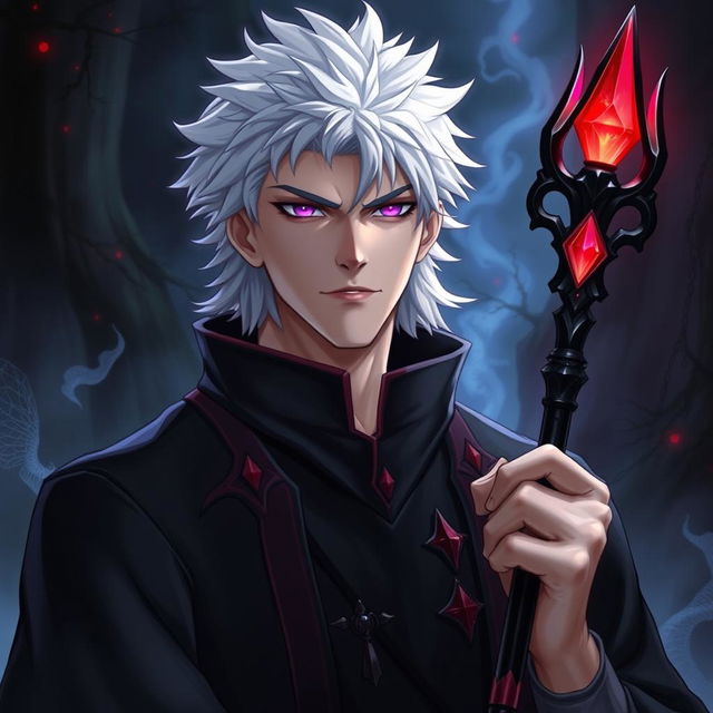 A tall male character with shaggy white hair and gleaming amethyst eyes dressed in a black collared robe adorned with crimson accents