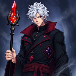 A tall male character with shaggy white hair and gleaming amethyst eyes dressed in a black collared robe adorned with crimson accents
