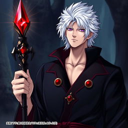 A tall male character with shaggy white hair and gleaming amethyst eyes dressed in a black collared robe adorned with crimson accents