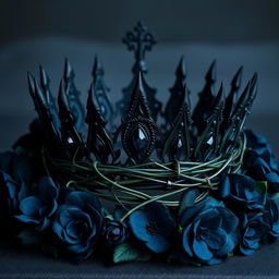 A dark, ornate crown centered on the cover, with sharp, thorn-like protrusions and dark gemstones, exuding a regal yet menacing aura