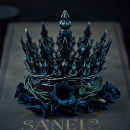 A dark, ornate crown centered on the cover, with sharp, thorn-like protrusions and dark gemstones, exuding a regal yet menacing aura