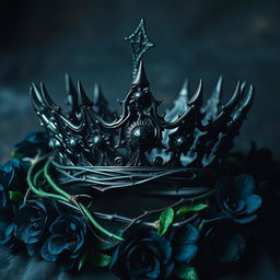 A dark, ornate crown centered on the cover, with sharp, thorn-like protrusions and dark gemstones, exuding a regal yet menacing aura