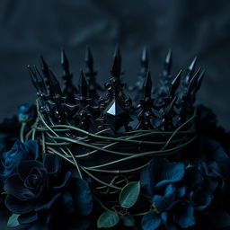 A dark, ornate crown centered on the cover, with sharp, thorn-like protrusions and dark gemstones, exuding a regal yet menacing aura