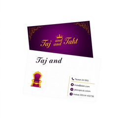A beautifully designed business card for a cosmetics brand called 'Taj and Takht'