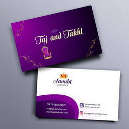A beautifully designed business card for a cosmetics brand called 'Taj and Takht'