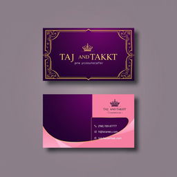 A stylish and modern business card design for a cosmetics brand named 'TAJ AND TAKHT'