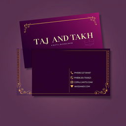 A stylish and modern business card design for a cosmetics brand named 'TAJ AND TAKHT'