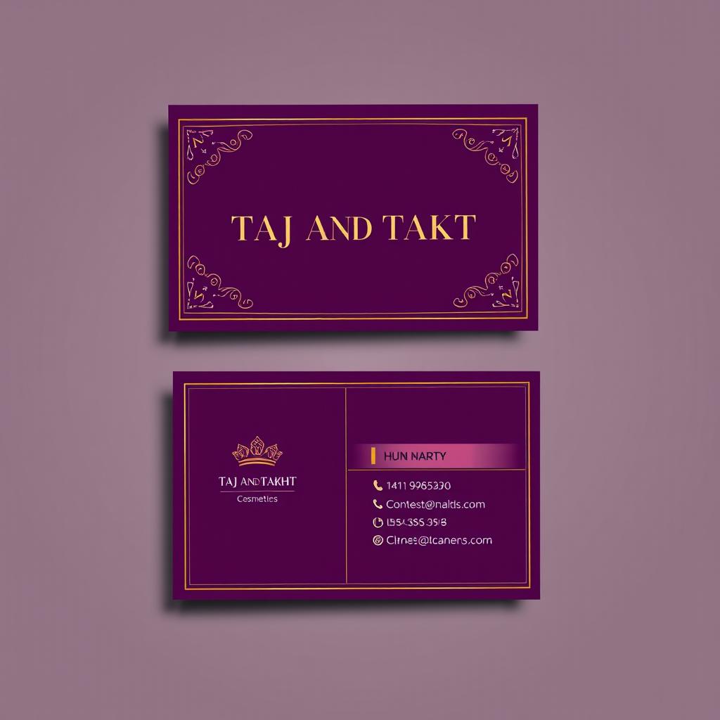 A stylish and modern business card design for a cosmetics brand named 'TAJ AND TAKHT'