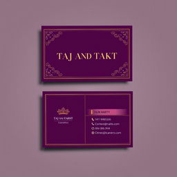 A stylish and modern business card design for a cosmetics brand named 'TAJ AND TAKHT'