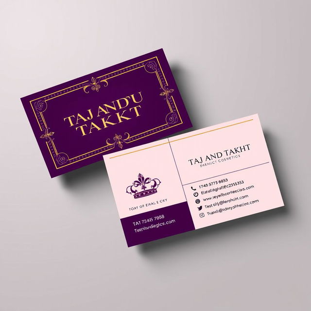 A stylish and modern business card design for a cosmetics brand named 'TAJ AND TAKHT'