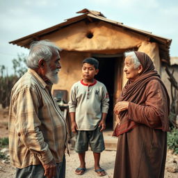 A scene depicting a poor family's elderly parents having a heartfelt conversation with their young 19-year-old son, set in front of their small, humble house