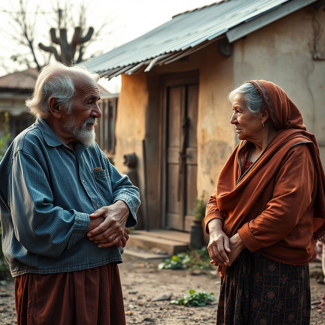 A scene depicting a poor family's elderly parents having a heartfelt conversation with their young 19-year-old son, set in front of their small, humble house