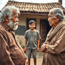 A scene depicting a poor family's elderly parents having a heartfelt conversation with their young 19-year-old son, set in front of their small, humble house